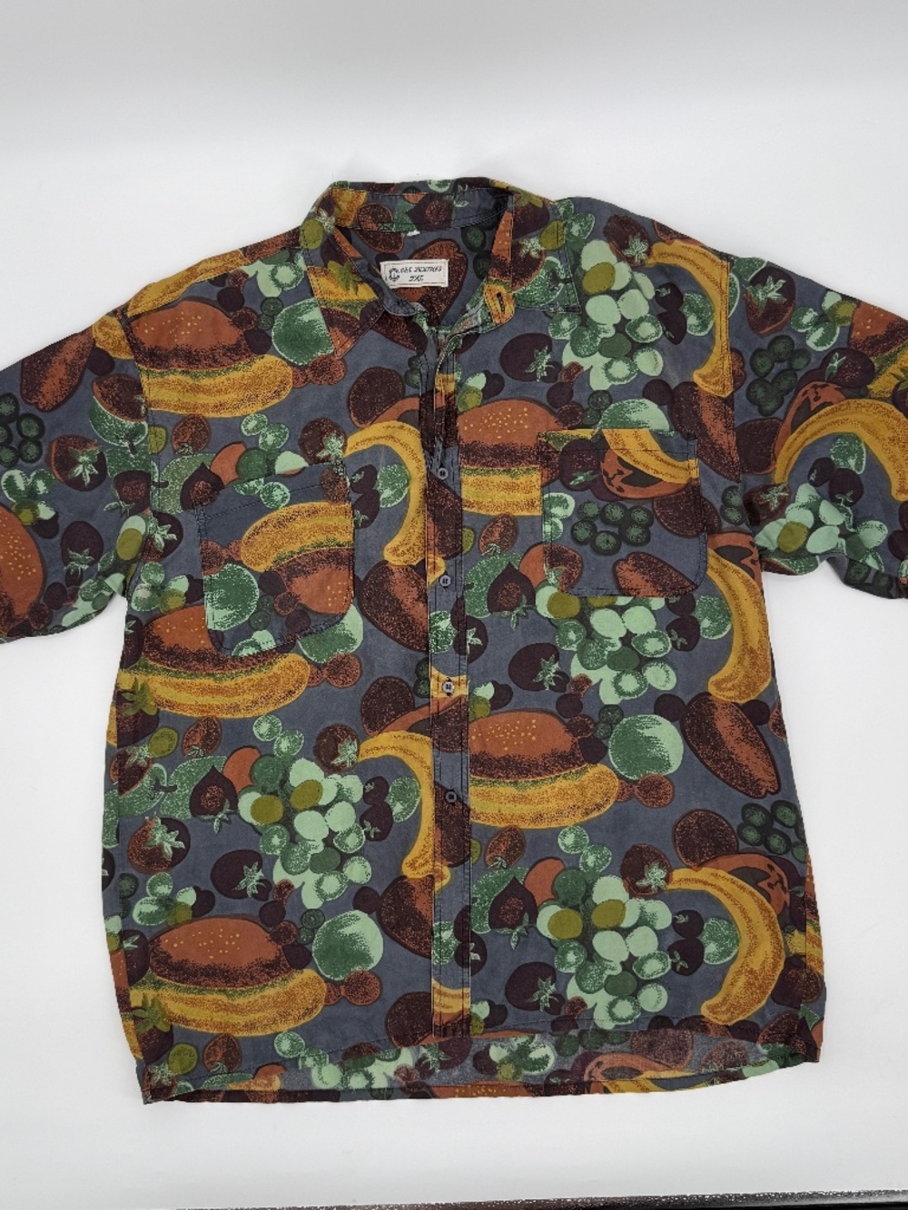 90s VTG 100% Silk Shirt Novelty Hamburger Fruit Food Print Short Sleeve Men XL.
